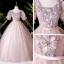 Vintage / Retro Blushing Pink Dancing Prom Dresses 2020 Ball Gown Square Neckline Puffy Short Sleeve Appliques Lace Beading Pearl Floor-Length / Long Ruffle Backless