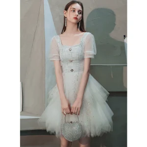 Mode Ivoire De Retour Robe De Graduation 2020 Princesse Encolure Carrée Gonflée Manches Courtes Perlage Perle Paillettes Courte Volants En Cascade Dos Nu
