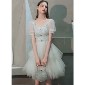 Fashion Ivory Homecoming Graduation Dresses 2020 A Line Princess Square Neckline Puffy Short Sleeve Beading Pearl Sequins Short Cascading Ruffles Backless