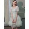 Fashion Ivory Homecoming Graduation Dresses 2020 A-Line / Princess Square Neckline Puffy Short Sleeve Beading Pearl Sequins Short Cascading Ruffles Backless