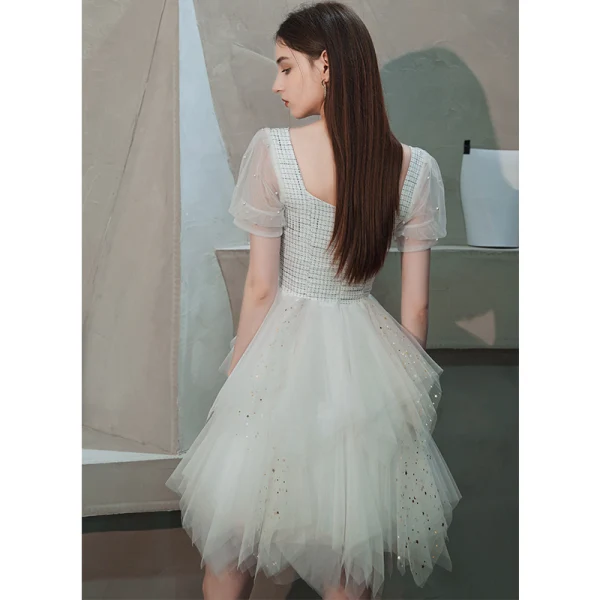 Fashion Ivory Homecoming Graduation Dresses 2020 A-Line / Princess Square Neckline Puffy Short Sleeve Beading Pearl Sequins Short Cascading Ruffles Backless