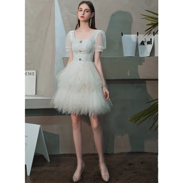 Fashion Ivory Homecoming Graduation Dresses 2020 A-Line / Princess Square Neckline Puffy Short Sleeve Beading Pearl Sequins Short Cascading Ruffles Backless