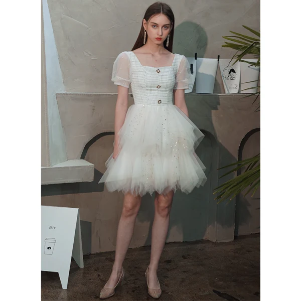Fashion Ivory Homecoming Graduation Dresses 2020 A-Line / Princess Square Neckline Puffy Short Sleeve Beading Pearl Sequins Short Cascading Ruffles Backless