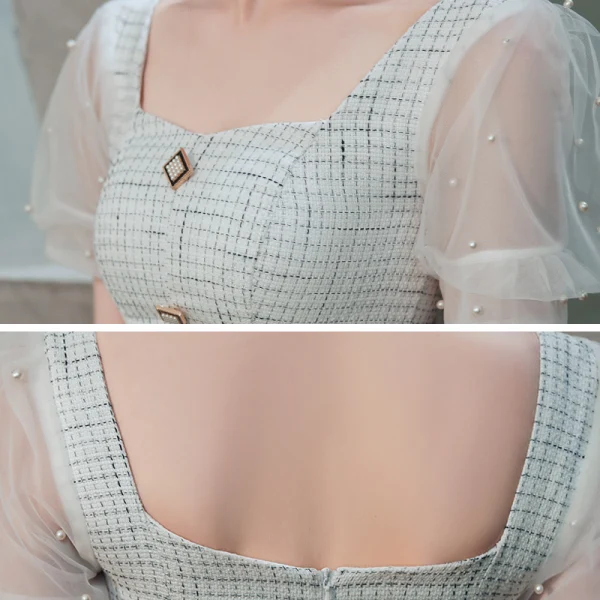Fashion Ivory Homecoming Graduation Dresses 2020 A-Line / Princess Square Neckline Puffy Short Sleeve Beading Pearl Sequins Short Cascading Ruffles Backless