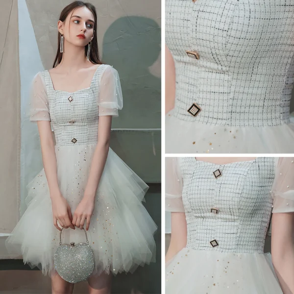 Fashion Ivory Homecoming Graduation Dresses 2020 A-Line / Princess Square Neckline Puffy Short Sleeve Beading Pearl Sequins Short Cascading Ruffles Backless