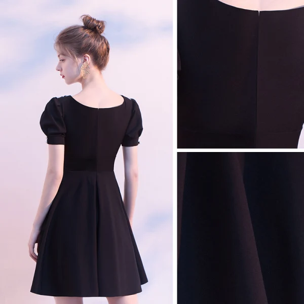 Modest / Simple Black Homecoming Graduation Dresses 2020 A-Line / Princess V-Neck Puffy Short Sleeve Appliques Lace Short Ruffle Little Black Dress