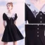 Modest / Simple Black Homecoming Graduation Dresses 2020 A-Line / Princess V-Neck Puffy Short Sleeve Appliques Lace Short Ruffle Little Black Dress