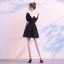 Modest / Simple Black Homecoming Graduation Dresses 2020 A-Line / Princess V-Neck Puffy Short Sleeve Short Ruffle Backless Little Black Dress