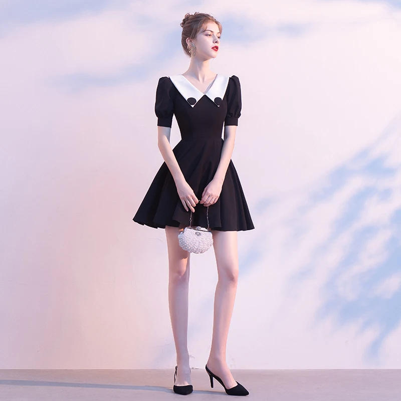 chinese dress ladies Prada Black Embroidered A-Line Dress with White Shirt Collar and Trian –  Sellier main image 0