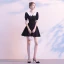 Modest / Simple Black Homecoming Graduation Dresses 2020 A-Line / Princess V-Neck Puffy Short Sleeve Short Ruffle Backless Little Black Dress