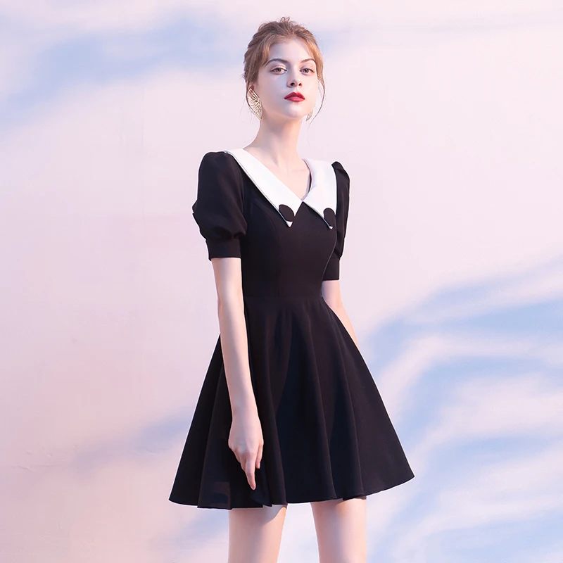Modest Simple Black Homecoming Graduation Dresses 2020 A Line Princess V  Neck Puffy Short Sleeve Short Ruffle Backless Little Black Dress