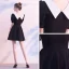 Modest / Simple Black Homecoming Graduation Dresses 2020 A-Line / Princess V-Neck Puffy Short Sleeve Short Ruffle Backless Little Black Dress
