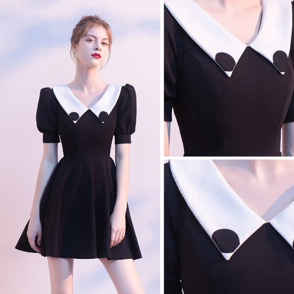 Modest / Simple Black Homecoming Graduation Dresses 2020 A-Line / Princess V-Neck Puffy Short Sleeve Short Ruffle Backless Little Black Dress