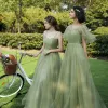 Modest / Simple Sage Green Bridesmaid Dresses 2020 A-Line / Princess Backless Floor-Length / Long Ruffle