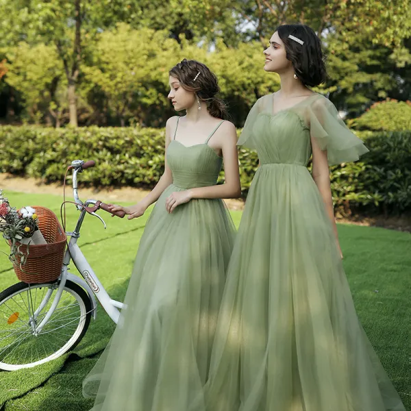 Sencillos Verde Salvia Vestidos De Damas De Honor 2020 A-Line / Princess Sin Espalda Largos Ruffle
