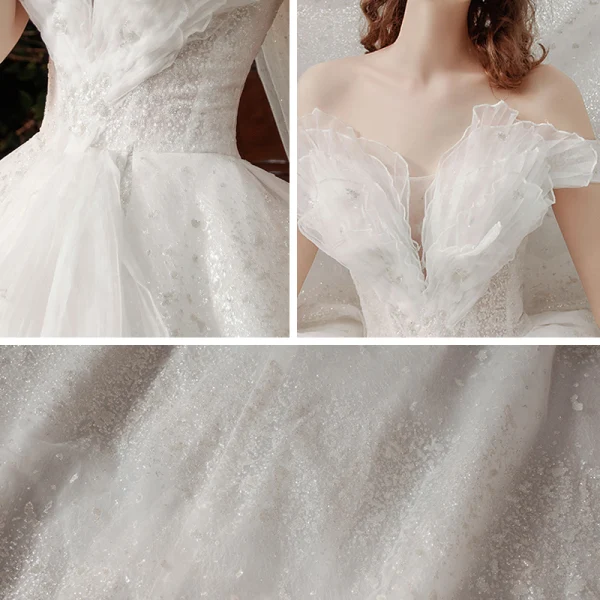 Chic / Belle Blanche La Mariée Robe De Mariée 2020 Robe Boule De l'épaule Manches Courtes Dos Nu Glitter Tulle Cathedral Train Volants