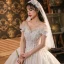 Römisch Champagner Hochzeits Brautkleider / Hochzeitskleider 2020 Ballkleid Off Shoulder Kurze Ärmel Rückenfreies Applikationen Spitze Perlenstickerei Glanz Tülle Kathedrale Schleppe Rüschen