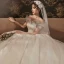 Römisch Champagner Hochzeits Brautkleider / Hochzeitskleider 2020 Ballkleid Off Shoulder Kurze Ärmel Rückenfreies Applikationen Spitze Perlenstickerei Glanz Tülle Kathedrale Schleppe Rüschen