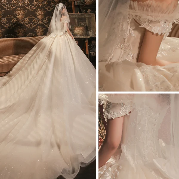 Römisch Champagner Hochzeits Brautkleider / Hochzeitskleider 2020 Ballkleid Off Shoulder Kurze Ärmel Rückenfreies Applikationen Spitze Perlenstickerei Glanz Tülle Kathedrale Schleppe Rüschen
