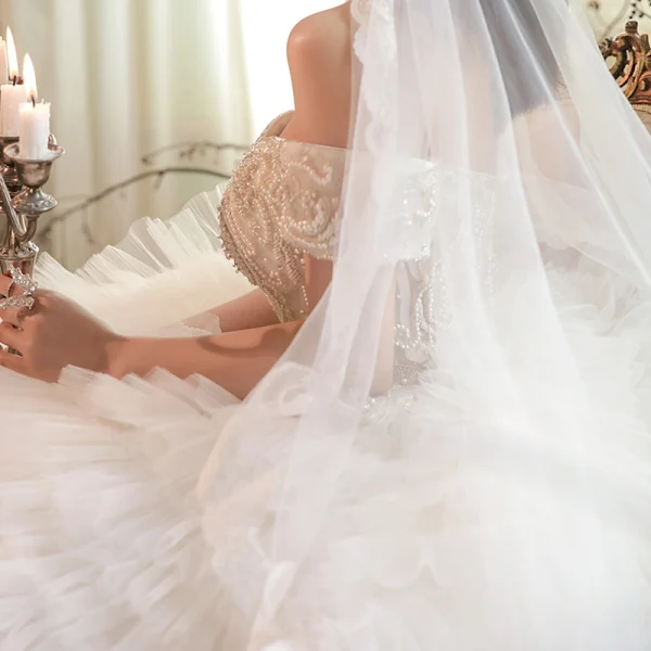 Stunning Champagne Bridal Wedding Dresses 2020 Ball Gown Off-The-Shoulder Short Sleeve Backless Beading Cascading Ruffles Cathedral Train