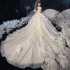 Best Champagne Bridal Wedding Dresses 2020 Ball Gown Off-The-Shoulder Short Sleeve Backless Glitter Tulle Cathedral Train Ruffle
