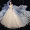 Best Champagne Bridal Wedding Dresses 2020 Ball Gown Off-The-Shoulder Short Sleeve Backless Glitter Tulle Cathedral Train Ruffle