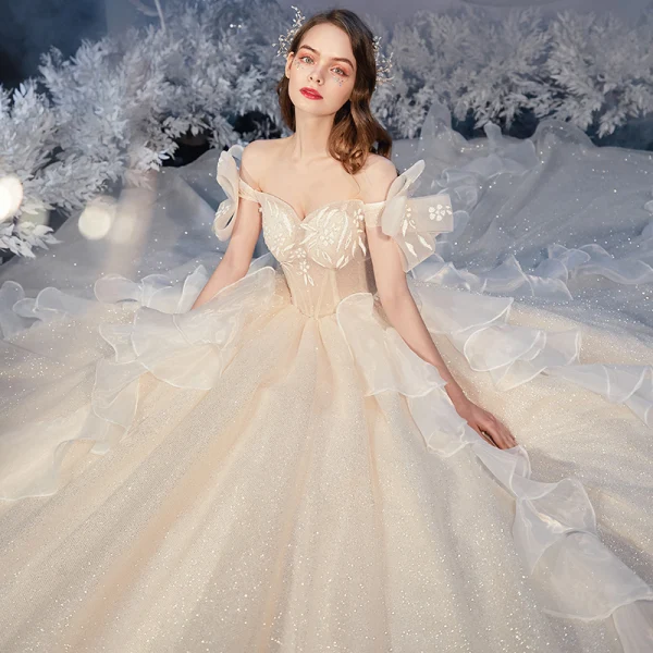 Best Champagne Bridal Wedding Dresses 2020 Ball Gown Off-The-Shoulder Short Sleeve Backless Glitter Tulle Cathedral Train Ruffle
