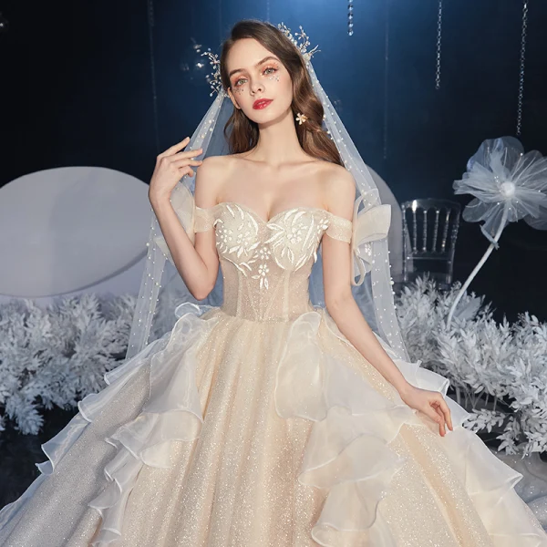 Best Champagne Bridal Wedding Dresses 2020 Ball Gown Off-The-Shoulder Short Sleeve Backless Glitter Tulle Cathedral Train Ruffle