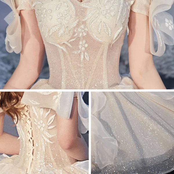 Best Champagne Bridal Wedding Dresses 2020 Ball Gown Off-The-Shoulder Short Sleeve Backless Glitter Tulle Cathedral Train Ruffle
