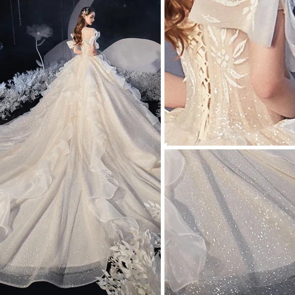 Best Champagne Bridal Wedding Dresses 2020 Ball Gown Off-The-Shoulder Short Sleeve Backless Glitter Tulle Cathedral Train Ruffle