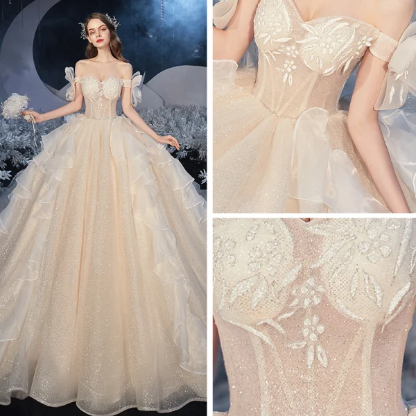 Best Champagne Bridal Wedding Dresses 2020 Ball Gown Off-The-Shoulder Short Sleeve Backless Glitter Tulle Cathedral Train Ruffle