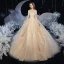 Elegante Champagner Hochzeits Brautkleider / Hochzeitskleider 2020 Ballkleid Off Shoulder Kurze Ärmel Rückenfreies Applikationen Spitze Pailletten Glanz Tülle Kathedrale Schleppe Rüschen