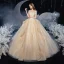 Elegante Champagner Hochzeits Brautkleider / Hochzeitskleider 2020 Ballkleid Off Shoulder Kurze Ärmel Rückenfreies Applikationen Spitze Pailletten Glanz Tülle Kathedrale Schleppe Rüschen