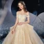 Elegante Champagner Hochzeits Brautkleider / Hochzeitskleider 2020 Ballkleid Off Shoulder Kurze Ärmel Rückenfreies Applikationen Spitze Pailletten Glanz Tülle Kathedrale Schleppe Rüschen