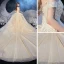 Elegante Champagner Hochzeits Brautkleider / Hochzeitskleider 2020 Ballkleid Off Shoulder Kurze Ärmel Rückenfreies Applikationen Spitze Pailletten Glanz Tülle Kathedrale Schleppe Rüschen