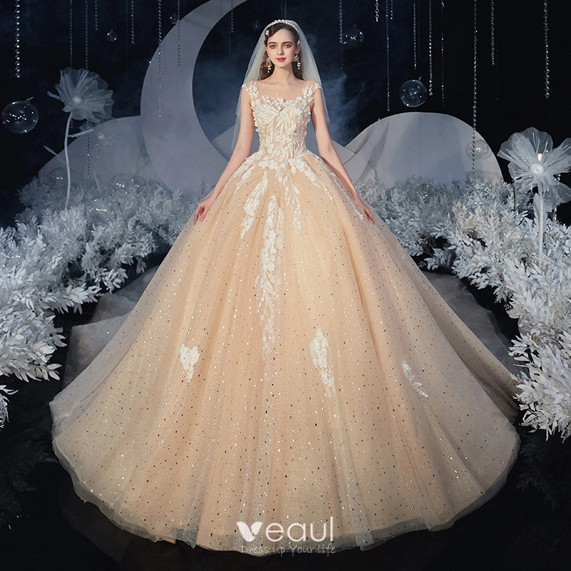 Tulle Ball Gown Romantic See Through Appliques Wedding Dress