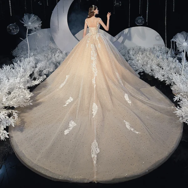 Romantisch Champagner Hochzeits Brautkleider / Hochzeitskleider 2020 Ballkleid Durchsichtige Eckiger Ausschnitt Ärmellos Rückenfreies Applikationen Spitze Pailletten Glanz Tülle Kathedrale Schleppe