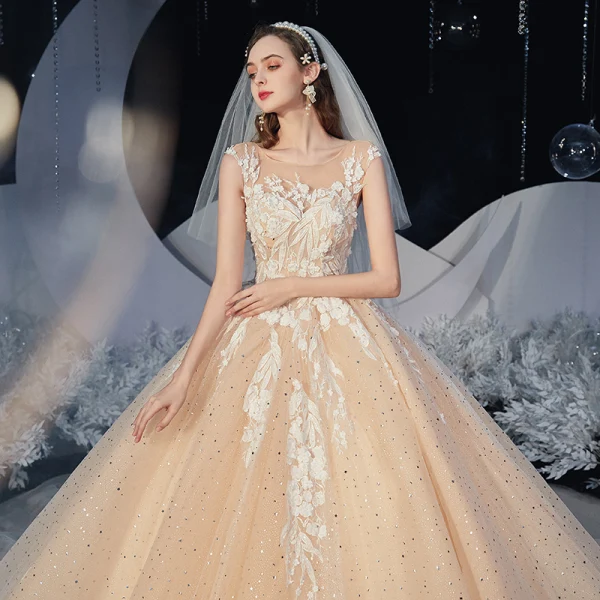 Romantisch Champagner Hochzeits Brautkleider / Hochzeitskleider 2020 Ballkleid Durchsichtige Eckiger Ausschnitt Ärmellos Rückenfreies Applikationen Spitze Pailletten Glanz Tülle Kathedrale Schleppe