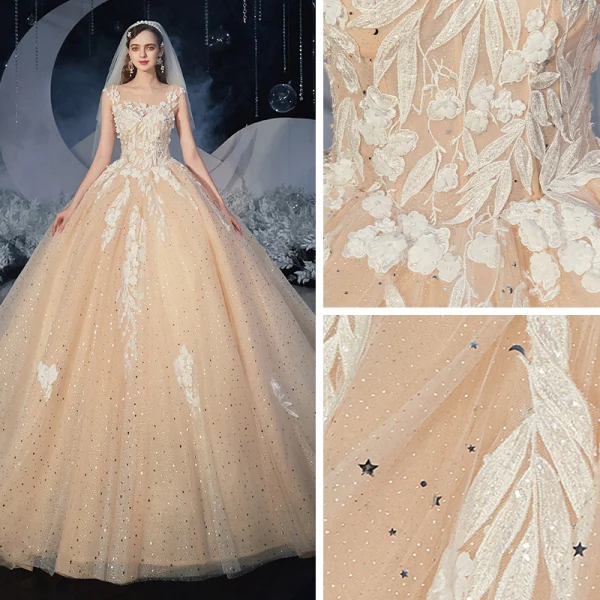 Romantisch Champagner Hochzeits Brautkleider / Hochzeitskleider 2020 Ballkleid Durchsichtige Eckiger Ausschnitt Ärmellos Rückenfreies Applikationen Spitze Pailletten Glanz Tülle Kathedrale Schleppe