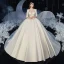 Vintage / Originale Ivoire Satin La Mariée Robe De Mariée 2020 Robe Boule Transparentes Col Haut 1/2 Manches Dos Nu Cathedral Train Volants