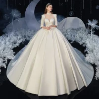 Vintage / Originale Ivoire Satin La Mariée Robe De Mariée 2020 Robe Boule Transparentes Col Haut 1/2 Manches Dos Nu Cathedral Train Volants
