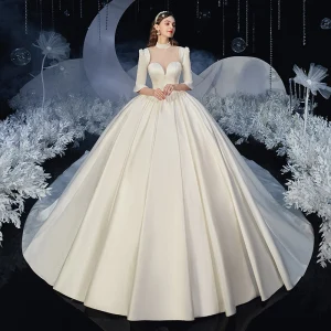 Vintage Marfil Satén Boda Vestidos De Novia 2020 Ball Gown Transparentes Cuello Alto 1 2 Ærmer Sin Espalda Cathedral Train Ruffle