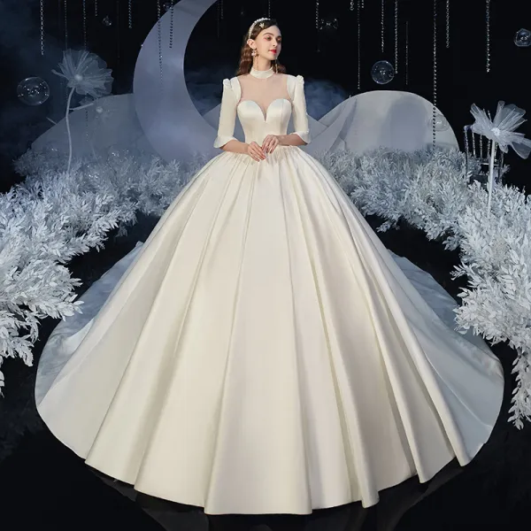 Vintage / Retro Ivory Satin Bridal Wedding Dresses 2020 Ball Gown See-through High Neck 1/2 Sleeves Backless Cathedral Train Ruffle