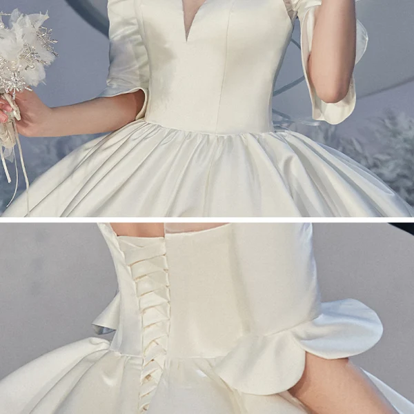 Vintage / Originale Ivoire Satin La Mariée Robe De Mariée 2020 Robe Boule Transparentes Col Haut 1/2 Manches Dos Nu Cathedral Train Volants