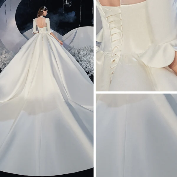 Vintage / Originale Ivoire Satin La Mariée Robe De Mariée 2020 Robe Boule Transparentes Col Haut 1/2 Manches Dos Nu Cathedral Train Volants