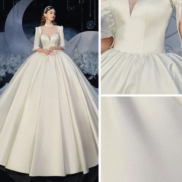 Vintage / Originale Ivoire Satin La Mariée Robe De Mariée 2020 Robe Boule Transparentes Col Haut 1/2 Manches Dos Nu Cathedral Train Volants