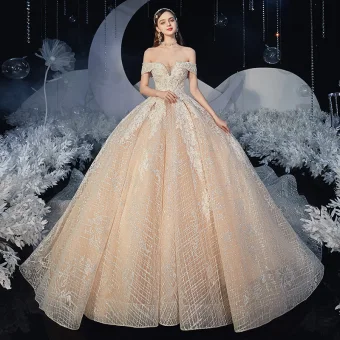 Het Beste Champagne Kanten Bruids Trouwjurken 2020 Baljurk Uit De Schouder Korte Mouwen Ruglooze Appliques Kant Glans Tule Cathedral Train Ruche