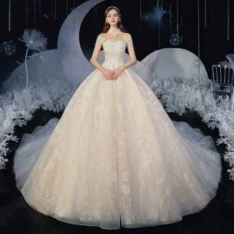 Style Chinois Champagne La Mariée Robe De Mariée 2020 Robe Boule Transparentes Col Haut Sans Manches Dos Nu Appliques En Dentelle Glitter Tulle Chapel Train Volants