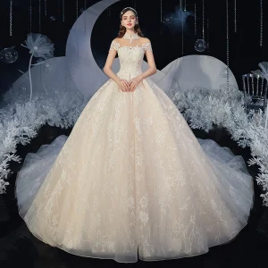 Chinesischer Stil Champagner Hochzeits Brautkleider Hochzeitskleider 2020 Ballkleid Durchsichtige Stehkragen Ärmellos Rückenfreies Applikationen Spitze Glanz Tülle Kapelle Schleppe Rüschen