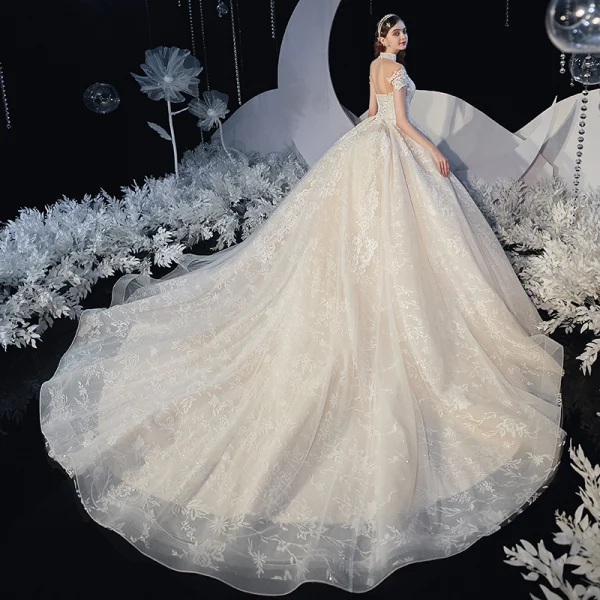 Chinese style Champagne Bridal Wedding Dresses 2020 Ball Gown See-through High Neck Sleeveless Backless Appliques Lace Glitter Tulle Chapel Train Ruffle